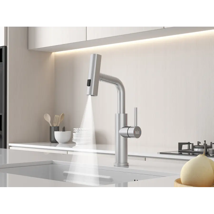 Змішувач на кухню водоспад з висувною лійкою нержавіючий Nett LS-35