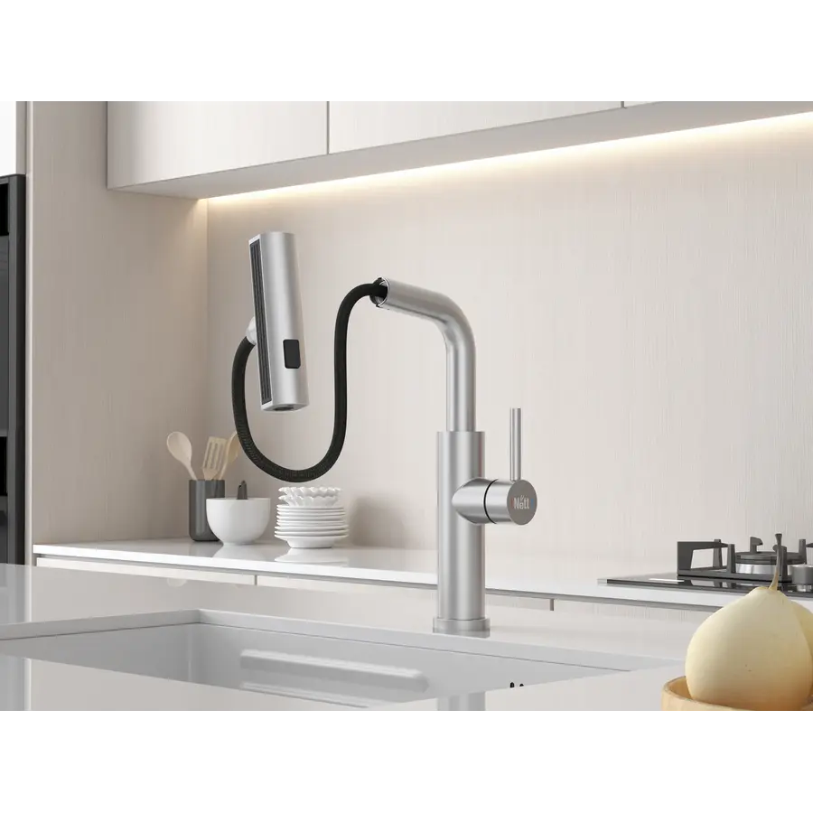 Змішувач на кухню водоспад з висувною лійкою нержавіючий Nett LS-35