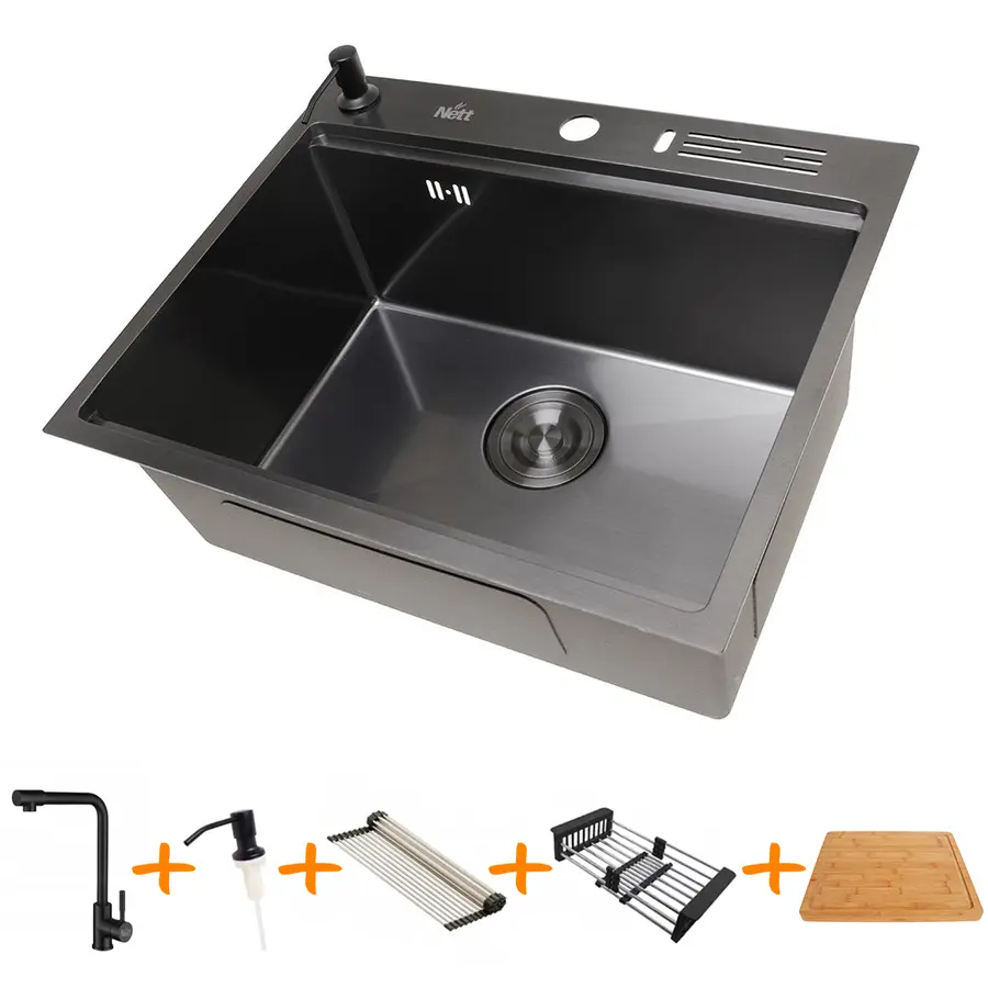 Комплект чорної мийки на кухню та змішувача з нержавіючої сталі NB-5747