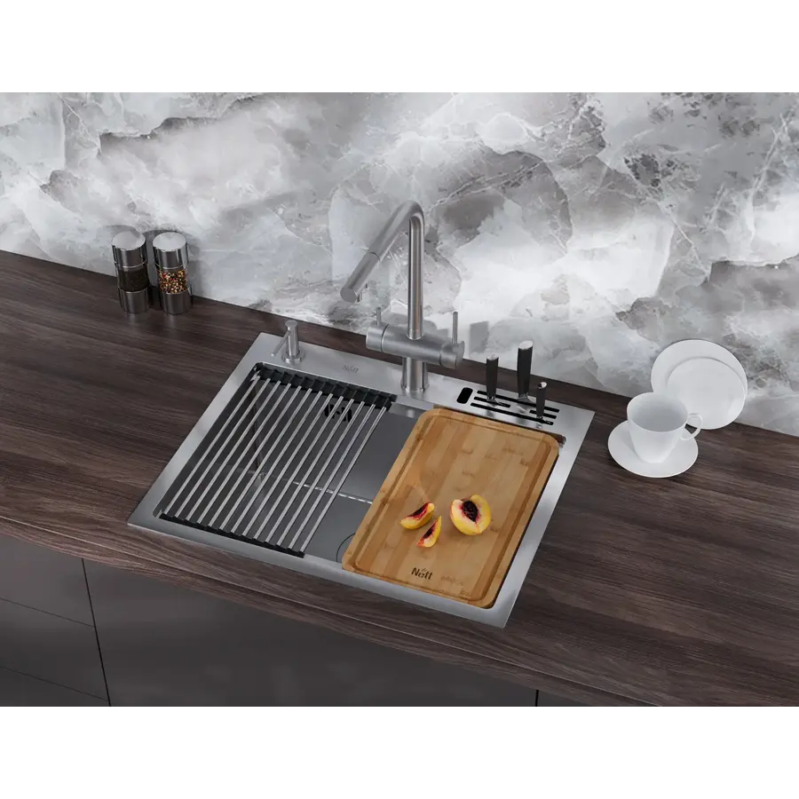 Кухонна мийка накладна з нержавійки 1.5 мм кухонна станція Nett NS-5747