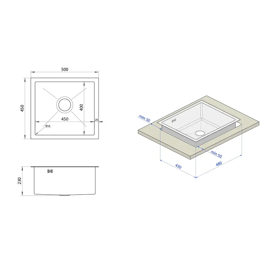 Чорна кухонна мийка з нержавійки 50 см під стільницю 1.5 мм Nett NВ-5045