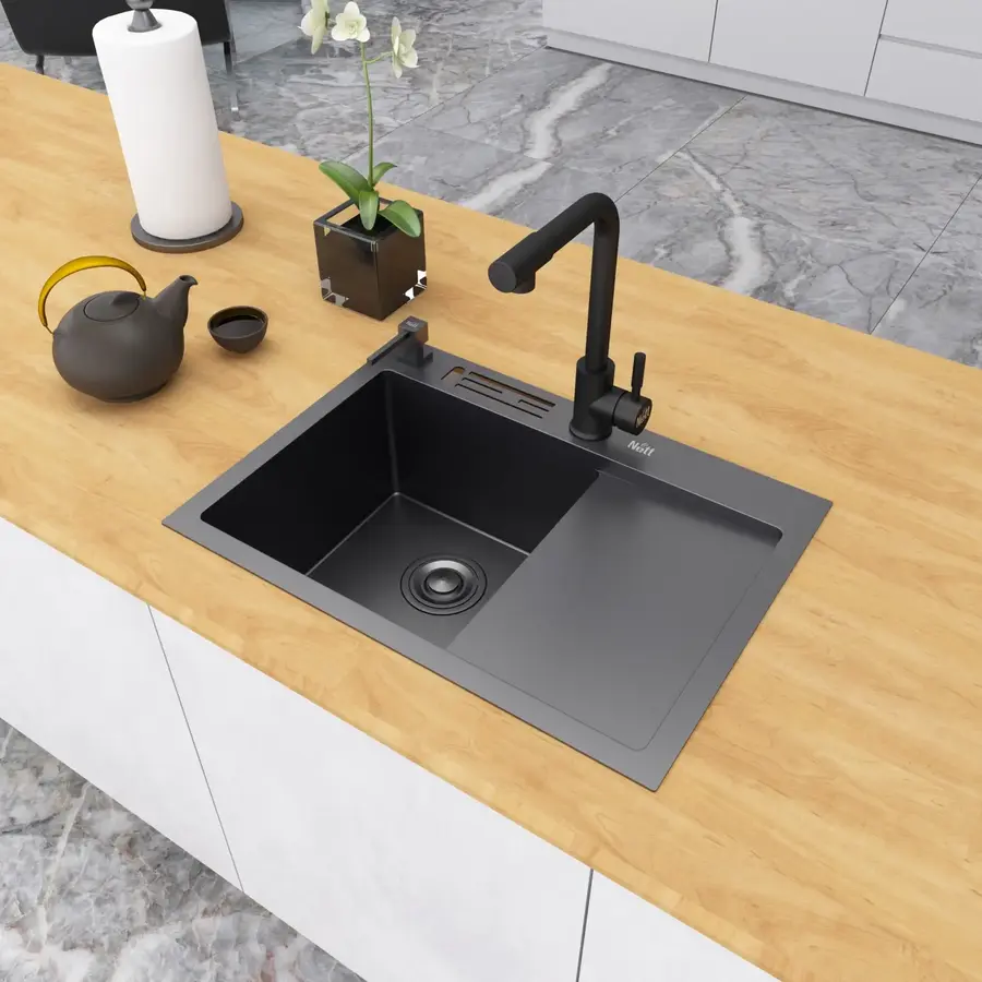 Чорна кухонна мийка накладна з правим крилом 1.5 мм Nett NB-6045(R)