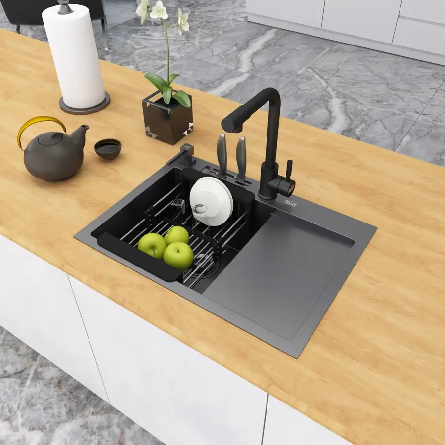 Чорна кухонна мийка накладна з правим крилом 1.5 мм Nett NB-6045(R)