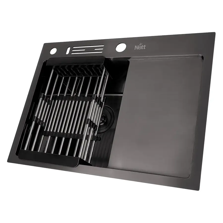 Чорна кухонна мийка накладна з правим крилом 1.5 мм Nett NB-6045(R)