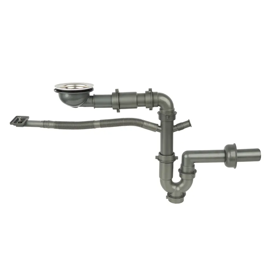 Сифон для мийки на кухню з нержавійки з переливом та підключенням до посудомийки DMS-110