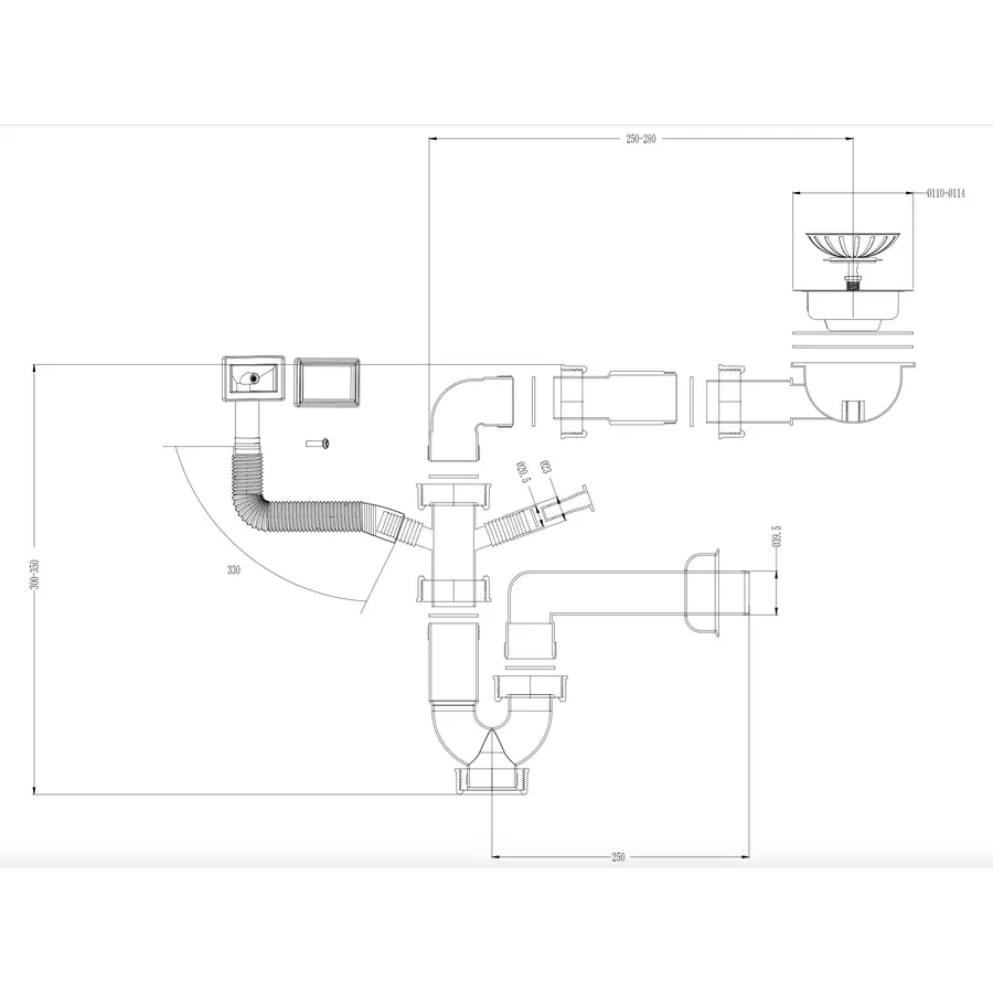 Сифон для мийки на кухню з нержавійки з переливом та підключенням до посудомийки DMS-110