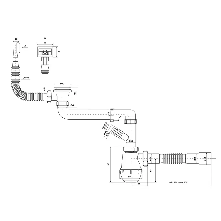 Сифон для кухонної мийки KronoPlast 1 1/2''х40 мм з різьбовим випуском зміщений з відводом для пральної машини SM86020343