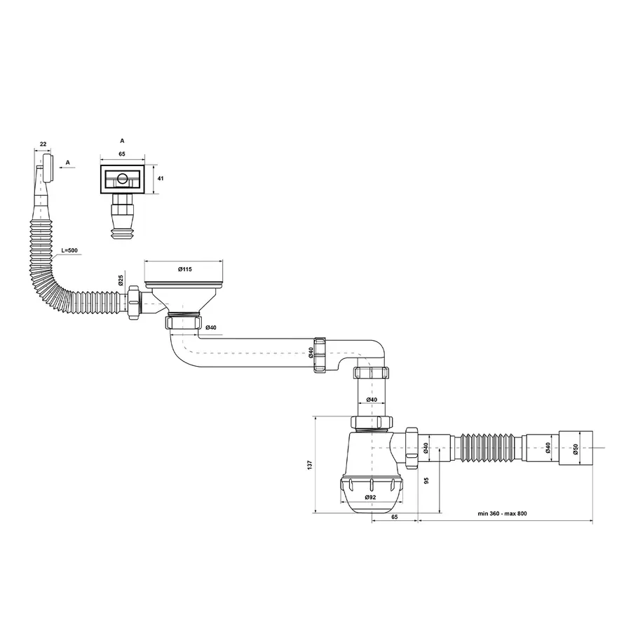 Сифон для кухонной мойки KronoPlast 3 1/2''х40 мм с резьбовым выпуском, смещенный с прямоугольным переливом SM87010343