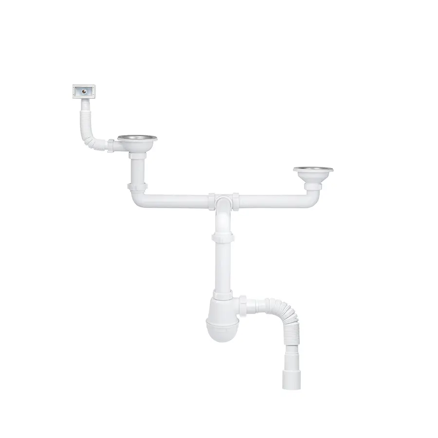 Сифон подвійний для кухонної мийки KronoPlast 3 1/2''х40 мм зміщений з різьбовими випусками з прямокутним переливом SM45770343