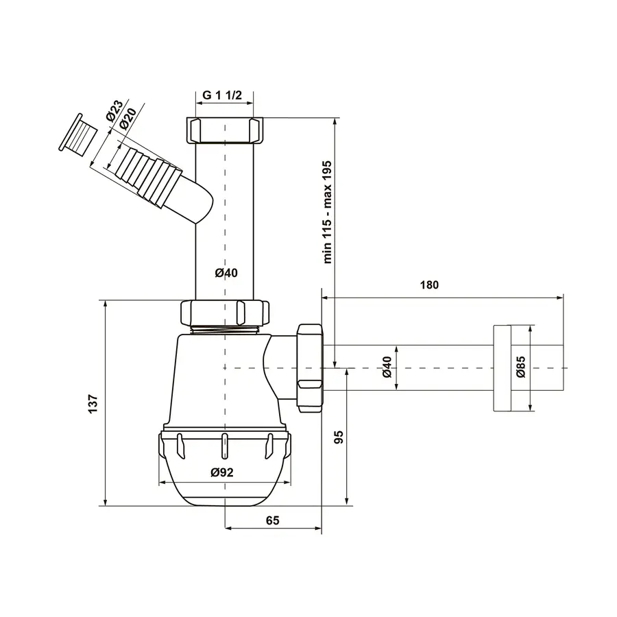 Сифон для кухонной мойки KronoPlast 1 1/2''40 мм без выпуска, с отводом для стиральной машины и прямой трубой SM10020002<br>