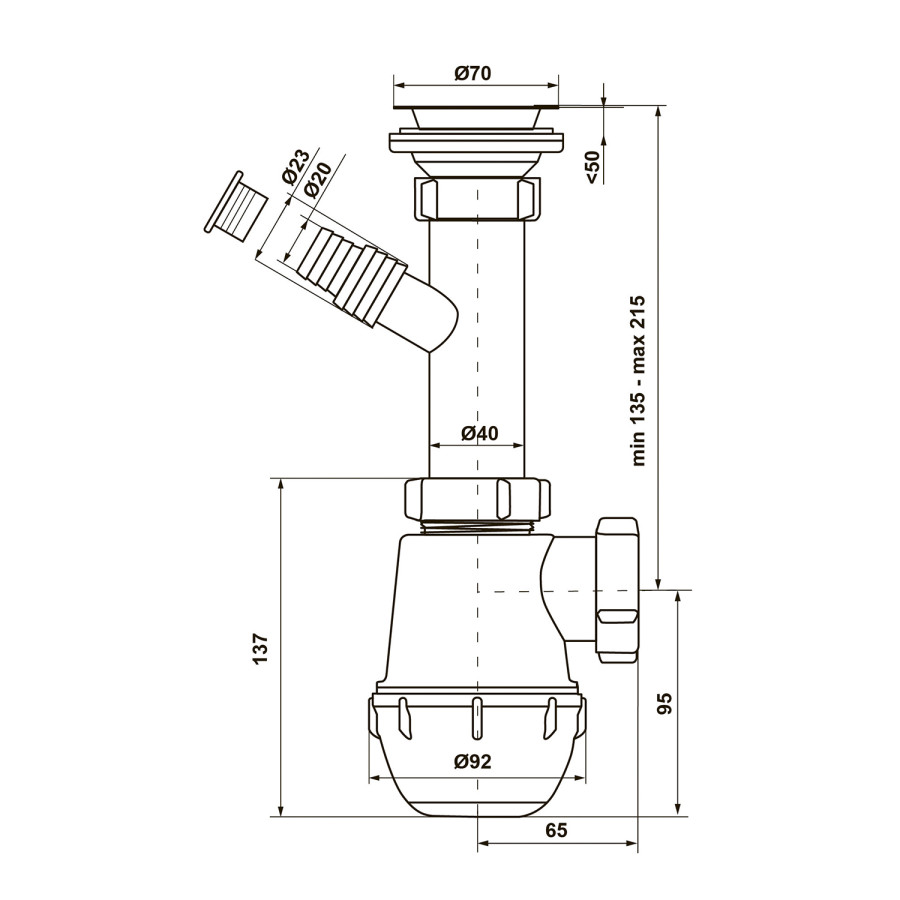Сифон для кухонної мийки KronoPlast 1 1/2''х40 мм з різьбовим випуском, відводом для пральної машини SM14020000