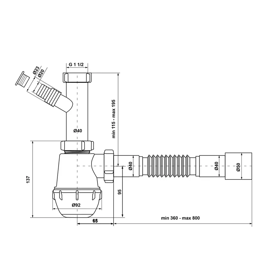 Сифон для кухонной мойки KronoPlast 1 1/2''х40 мм без выпуска с отводом для стиральной машины SM10020043<br>