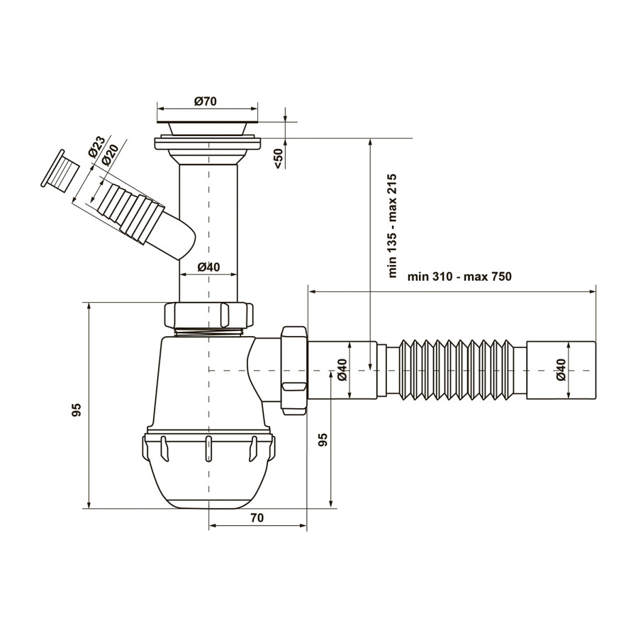 Сифон для кухонной мойки KronoPlast 1 1/2''х40 мм с литым выпуском, отводом для стиральной машины SM13000042