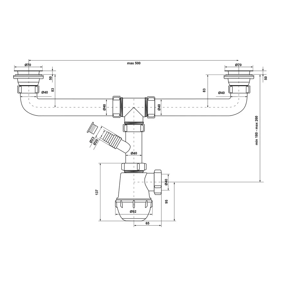 Сифон подвійний для кухонної мийки KronoPlast 3 1/2''х40 мм з різьбовими випусками, відведенням для пральної машини SM34420000