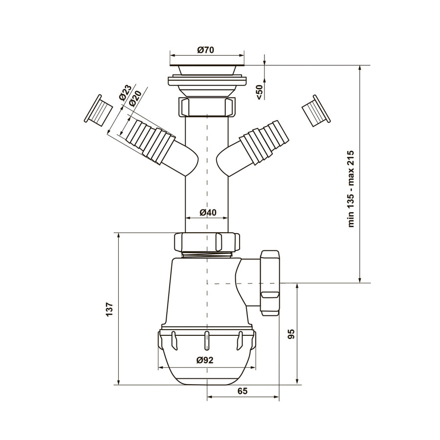 Сифон для кухонной мойки KronoPlast 1 1/2”40 мм с резьбовым выпуском и отводом для бытовой техники SM14030000<br>