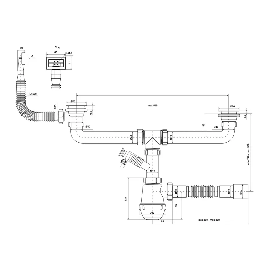 Сифон подвійний для кухонної мийки KronoPlast 1 1/2''х40 мм з різьбовими випусками, відводом для пральної машини, з прямокутним переливом SM44620343