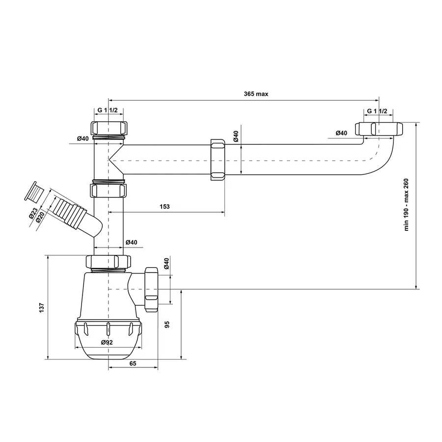 Сифон двойной для кухонной мойки KronoPlast 1 1/2''х40 мм двойной без выпуска, смещенный с отводом для стиральной машины SM50020000
