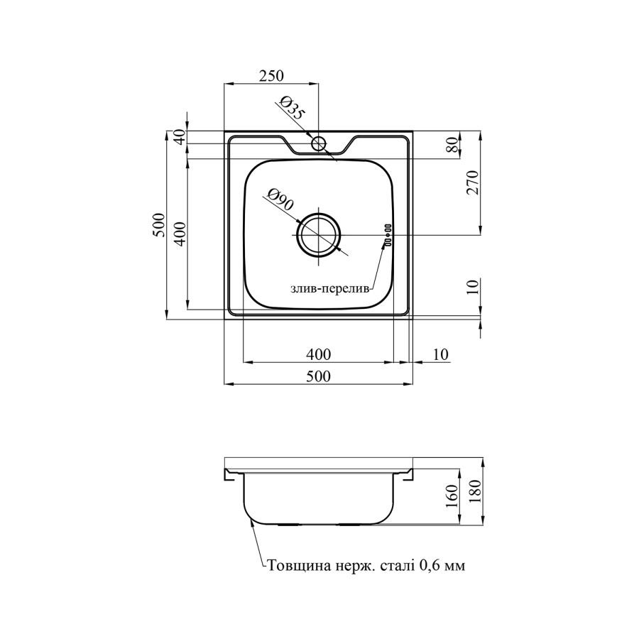 Кухонна накладна мийка з нержавіючої сталі Kroner KRP Dekor-5050 0.6 мм-160