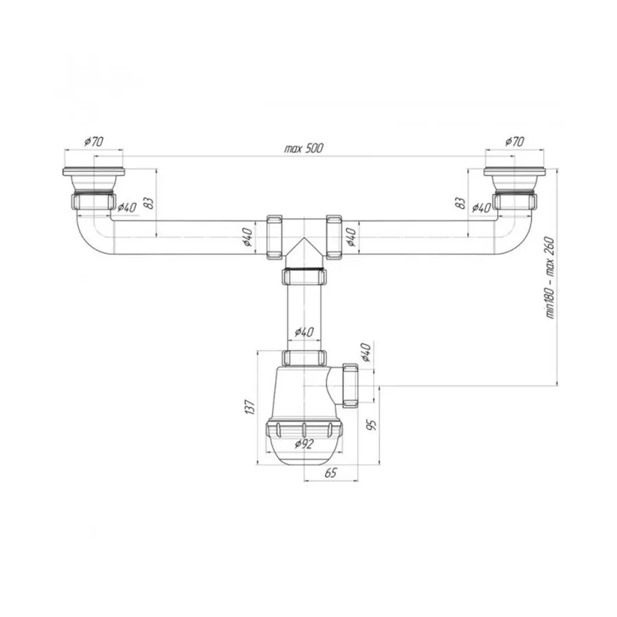 Сифон подвійний для кухонної мийки ANIplast 1 1/2''х40 мм з різьбовими випусками A3000VEU