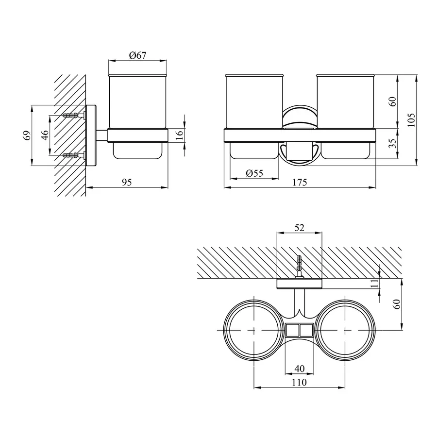 Стакан двойной для ванной комнаты Kroner KRM Elbe - ACG2908 с держателем зубных щеток