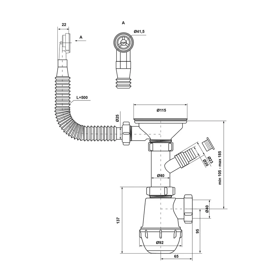 Сифон для кухонной мойки KronoPlast 3 1/2''х40 мм с резьбовым выпуском, отводом для стиральной машины, с круглым переливом SM27020200<br>