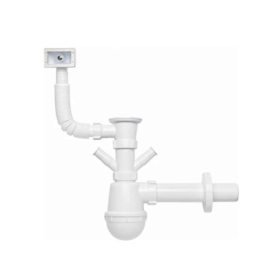 Сифон для кухонной мойки KronoPlast 1 1/2''х40 мм с резьбовым выпуском, отводом для стиральной машины, с квадратным переливом SM26030302<br>