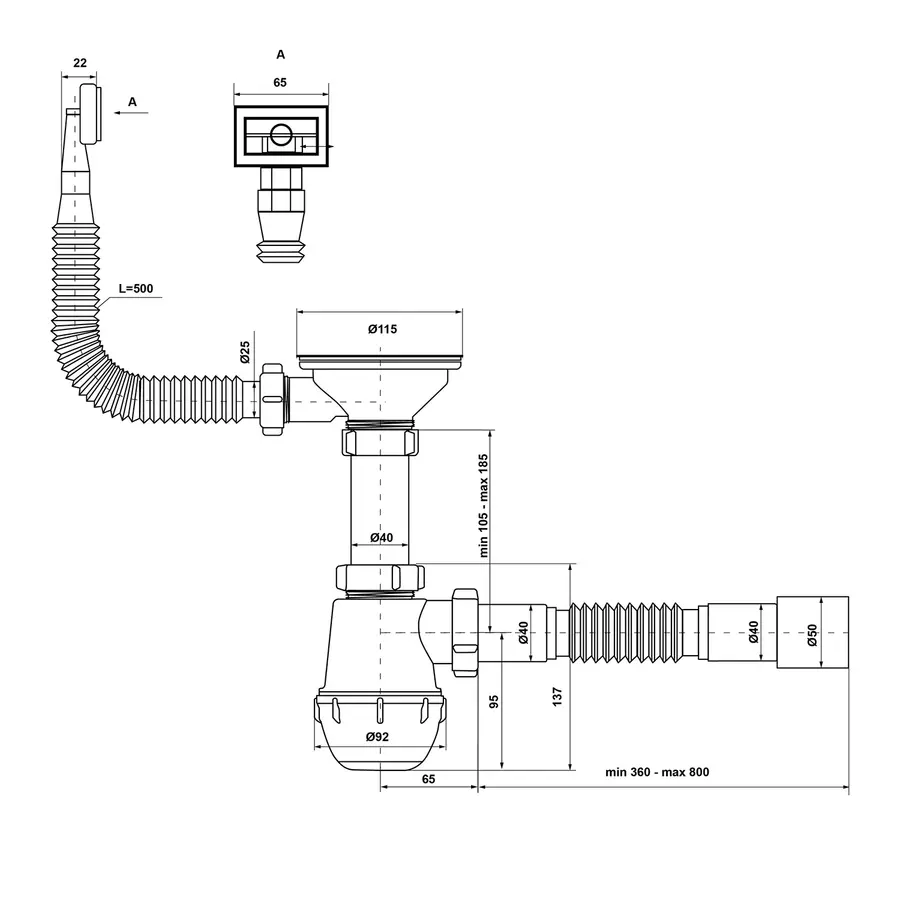 Сифон для кухонной мойки KronoPlast 1 1/2''х40 мм с резьбовым выпуском, отводом для стиральной машины, с квадратным переливом SM26030302<br>