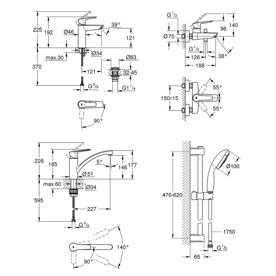 Набір змішувачів 4 в 1 для ванної кімнати та кухні Grohe QuickFix Start M-Size UA202301KE