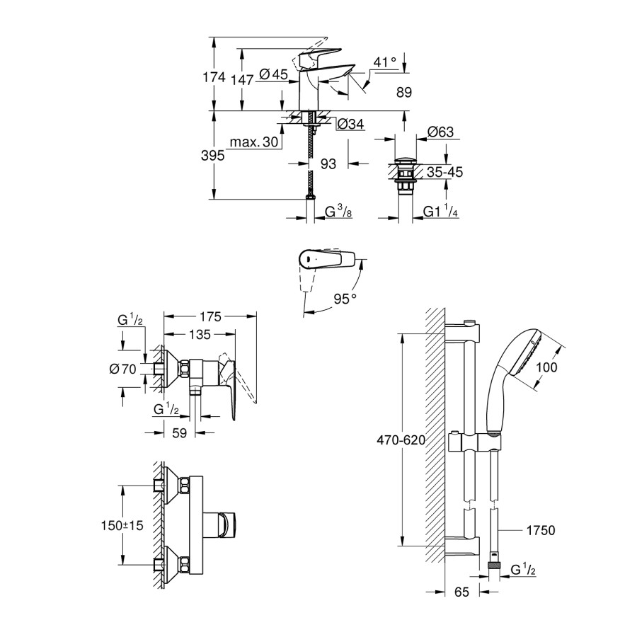 Набор смесителей 3 в 1 для ванной комнаты Grohe QuickFix StartEdge S-Size UA202502SE