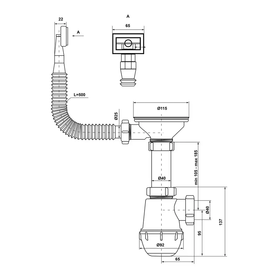 Сифон для кухонной мойки KronoPlast 3 1/2'х40 мм с резьбовым выпуском, с прямоугольным переливом SM27010300<br>