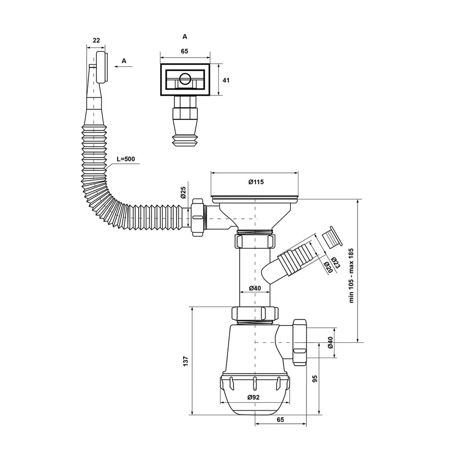 Сифон для кухонной мойки KronoPlast 3 1/2''х40 мм с резьбовым выпуском, отводом для стиральной машины, с прямоугольным переливом SM27020300<br>
