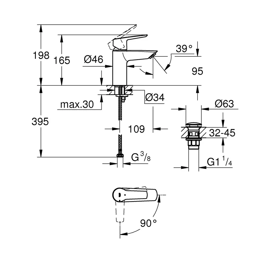 Смеситель для раковины Grohe QuickFix Start S-Size 23551002 с донным клапаном
