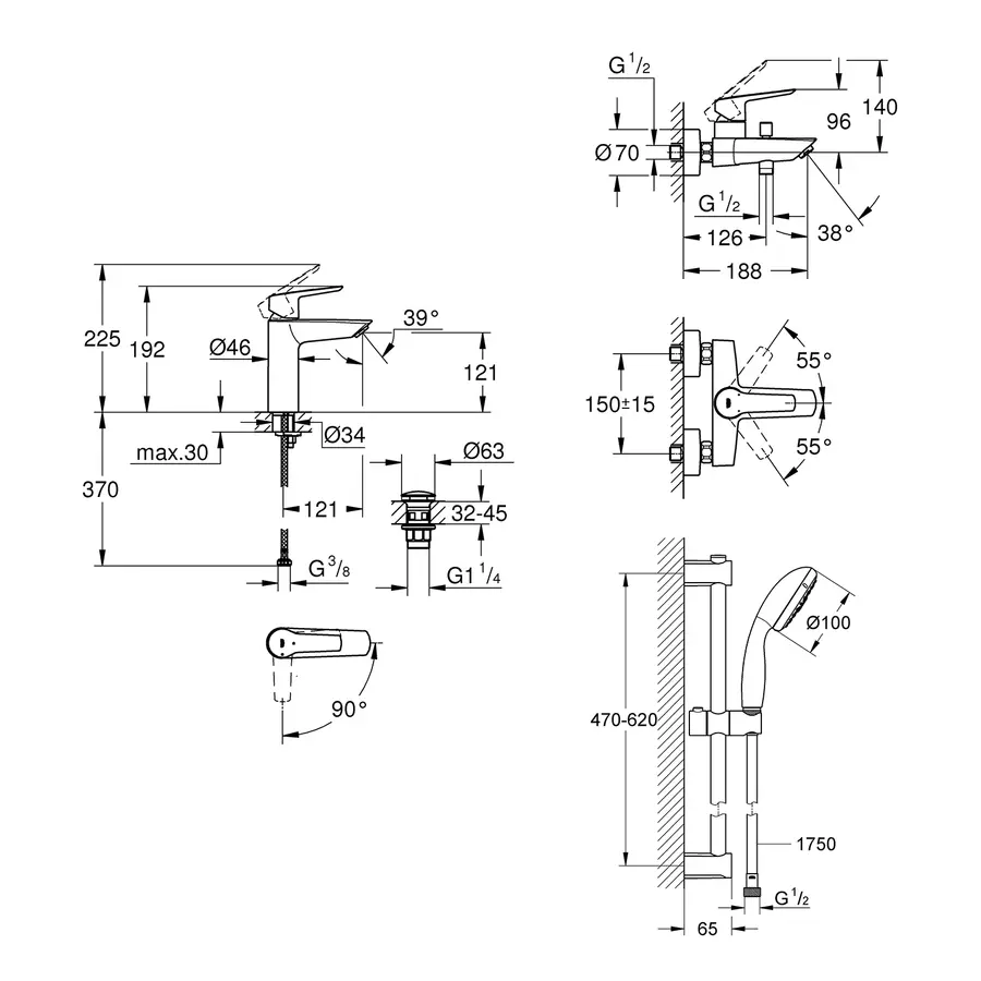Набір змішувачів 3 в 1 для ванної кімнати Grohe QuickFix Start M-Size UA202301ME