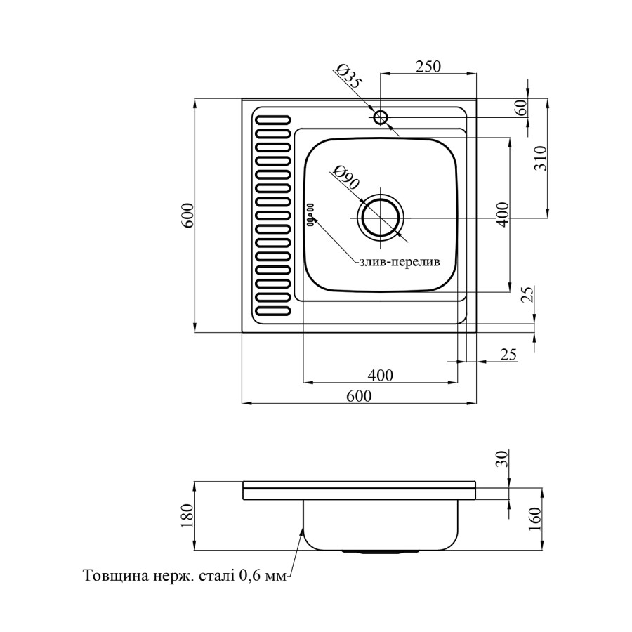 Кухонна накладна мийка з нержавіючої сталі Kroner KRP Dekor-6060R 0.6 мм-160