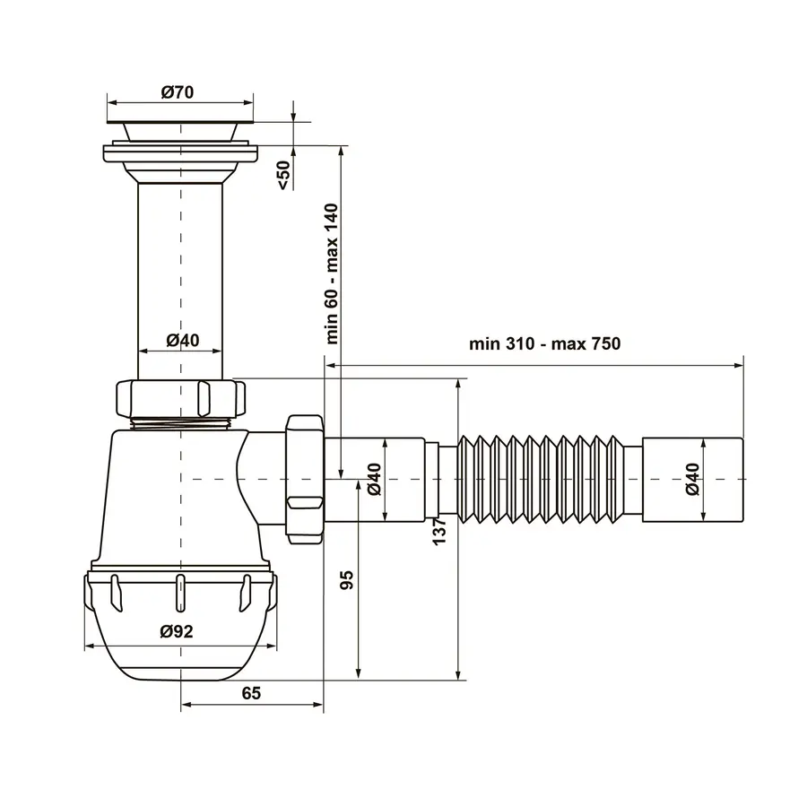 Сифон для кухонной мойки KronoPlast 1 1/2''х40 мм с литым выпуском SM11000042