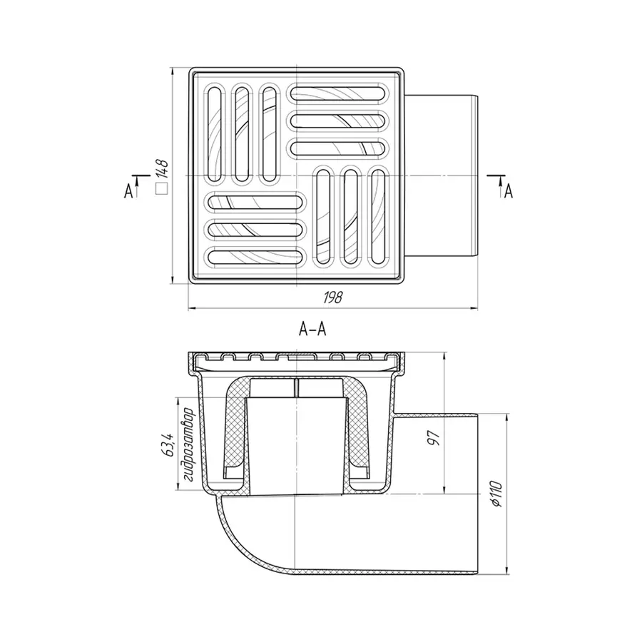 Трап ANIplast з горизонтальним випуском 110 мм, з решіткою 15х15 см TА1112EU