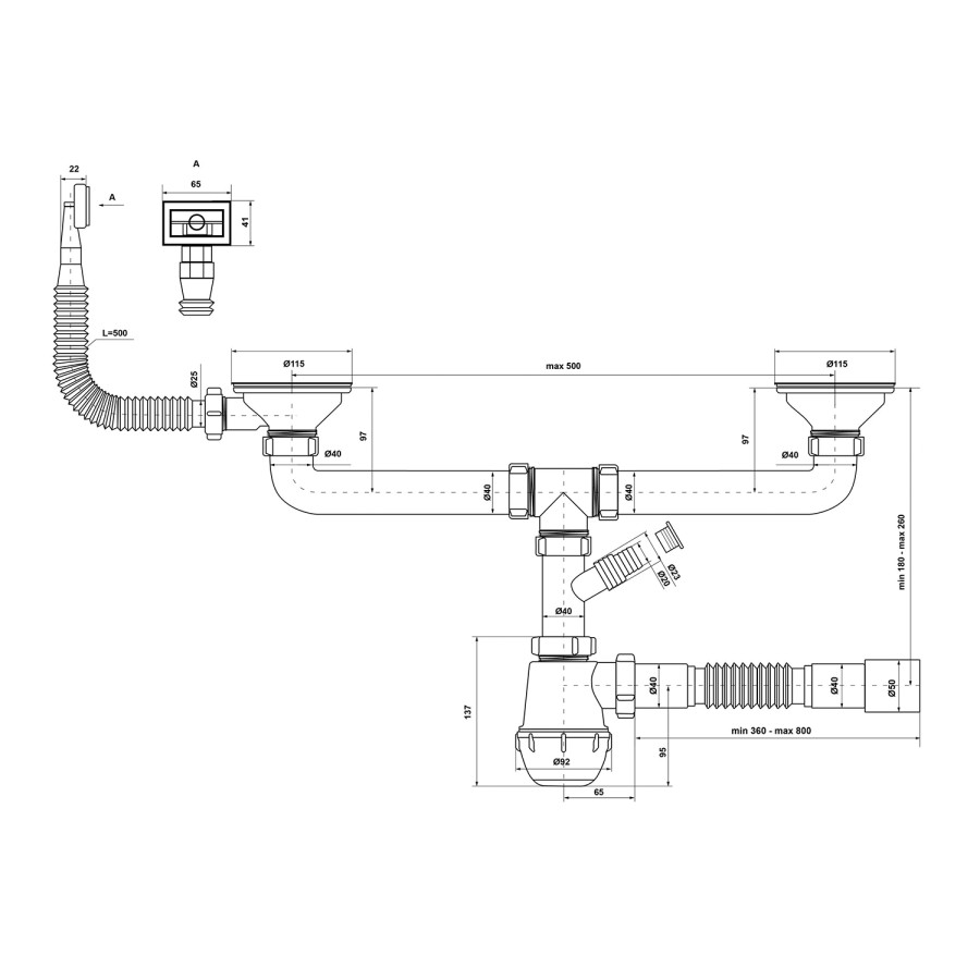 Сифон двойной для кухонной мойки KronoPlast 3 1/2''х40 мм резьбовыми выпусками, с квадратным переливом SM45720343