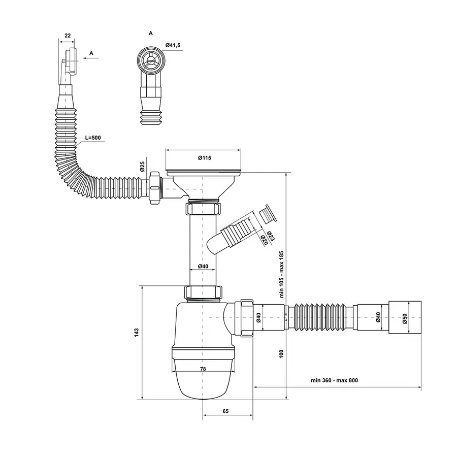 Сифон для кухонной мойки KronoPlast 3 1/2''х40 мм с отводом для стиральной машины SY27020243<br>