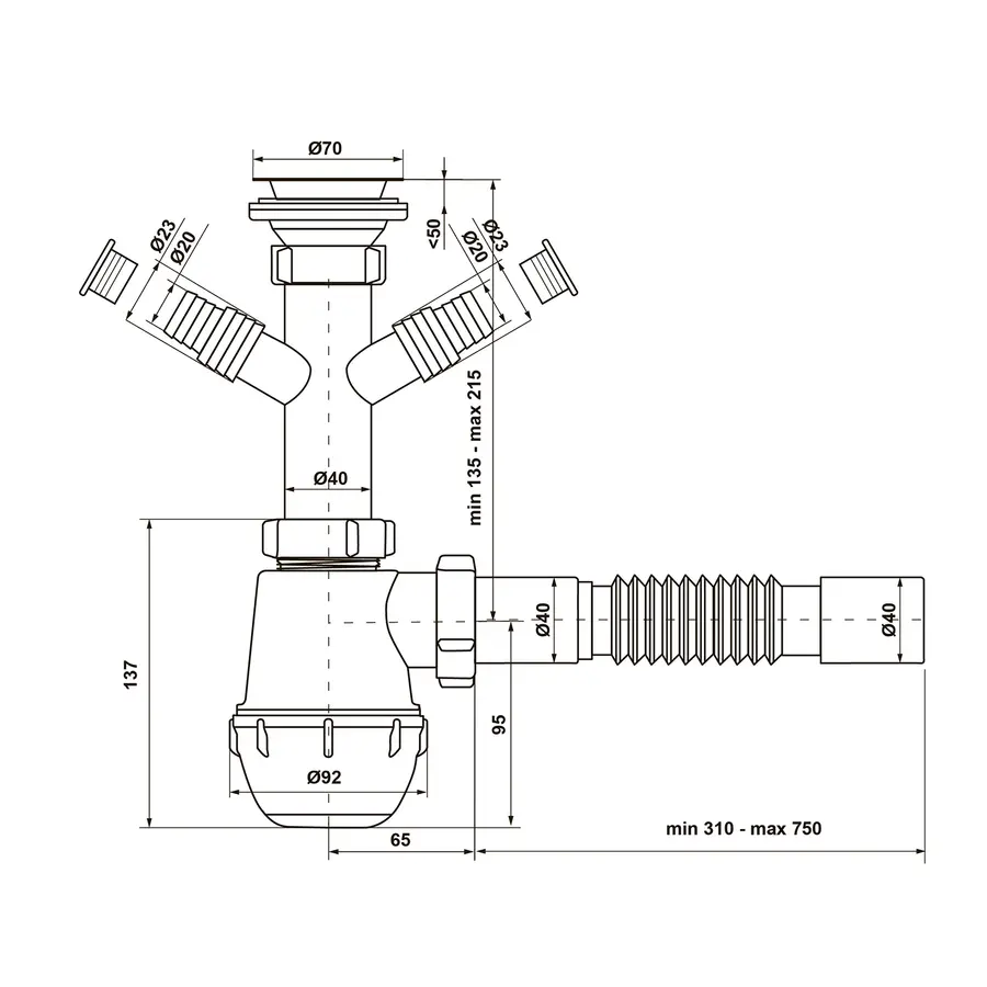 Сифон для кухонной мойки KronoPlast 1 1/2''х40 мм с резьбовым выпуском, отводом для стиральной/посудомоечной машины SM14030042<br>