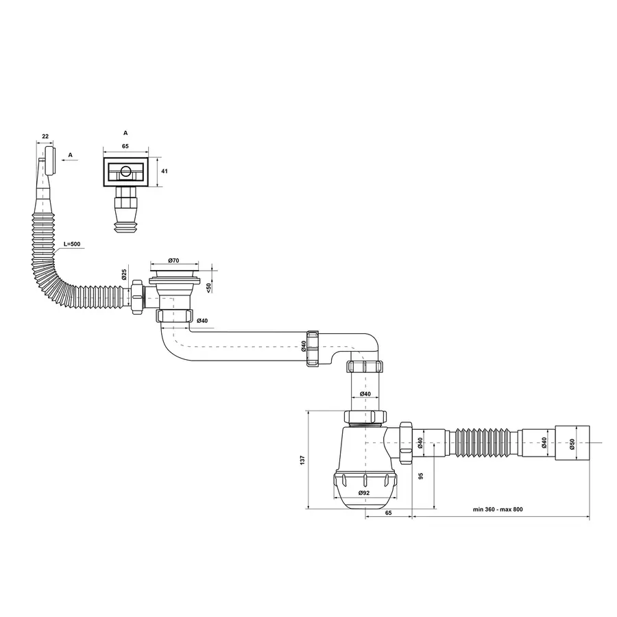 Сифон для кухонной мойки KronoPlast 1 1/2''х40 мм с резьбовым выпуском, смещенный с прямоугольным переливом SM86010343<br>