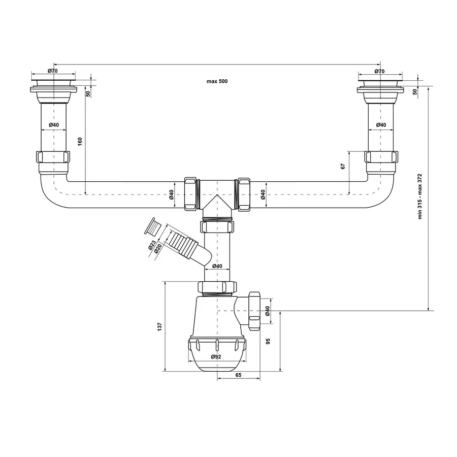 Сифон двойной для кухонной мойки KronoPlast 1 1/2''х40 мм разноуровневый с резьбовыми выпусками, отводом для стиральной машины SM31420000<br>