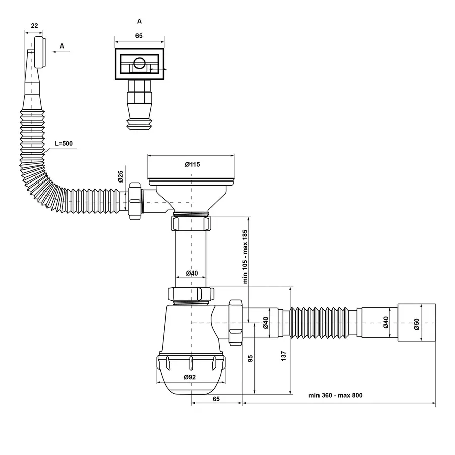 Сифон для кухонной мойки KronoPlast 3 1/2''х40 мм с резьбовым выпуском, с квадратным переливом SM27010343 (EM1050)<br>