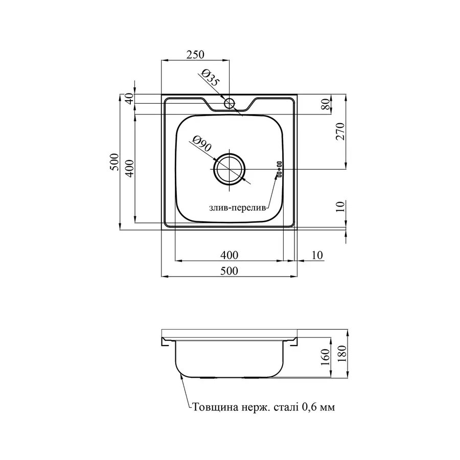 Кухонная мойка накладная Kroner KRP Polierte-5050 (0,6 мм)