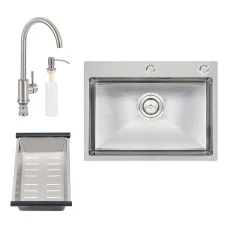 Кухонна мийка Qtap D6045 2.7/1.0 мм Satin + змішувач + сушарка + дозатор для миючого засобу